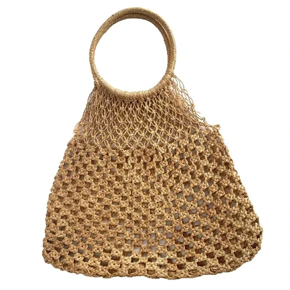 MANGO Shopper Bag Crochet Mesh Net Braided Jute Tote XL Handbag Brown Ltd Editio - Picture 5 of 14